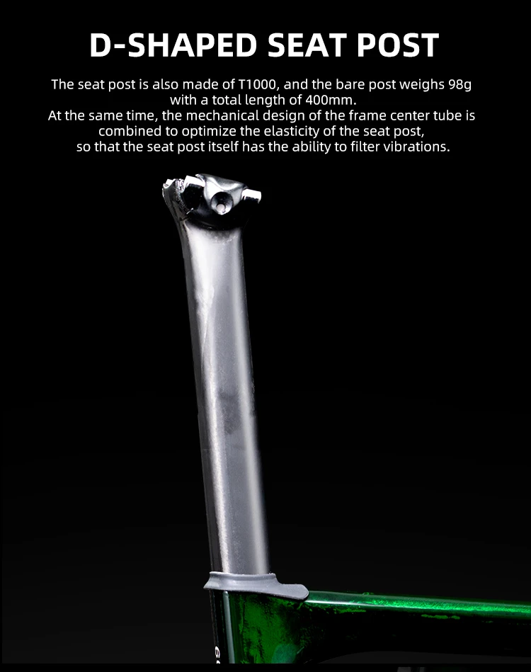 Permeants aero D-shaped lightweight carbon seatpost made of Toray T1000, 400mm length with a bare post weight of 98g for vibration filtering.