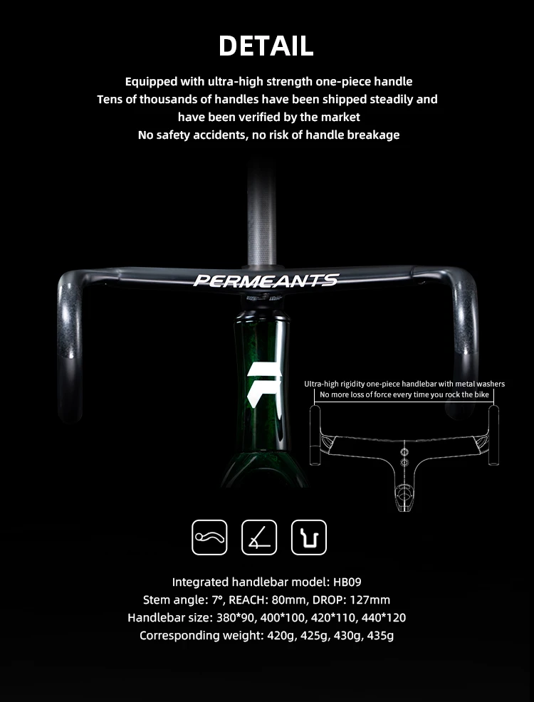 Permeants HB09 ultra-high strength integrated carbon handlebar blueprint and specifications for ST-09 road bike, featuring 7 degree stem angle, 80mm reach, 127mm drop, and sizes from 380x90 to 440x120.