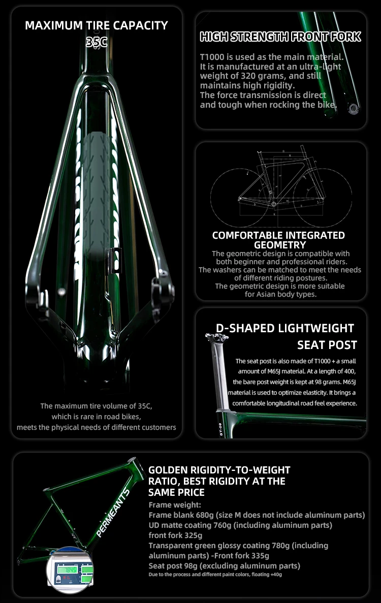 Permeants ST-09 road bike frame details showing 35C maximum tire capacity, 680g bare frame weight, integrated geometry chart, and D-shaped lightweight seatpost.