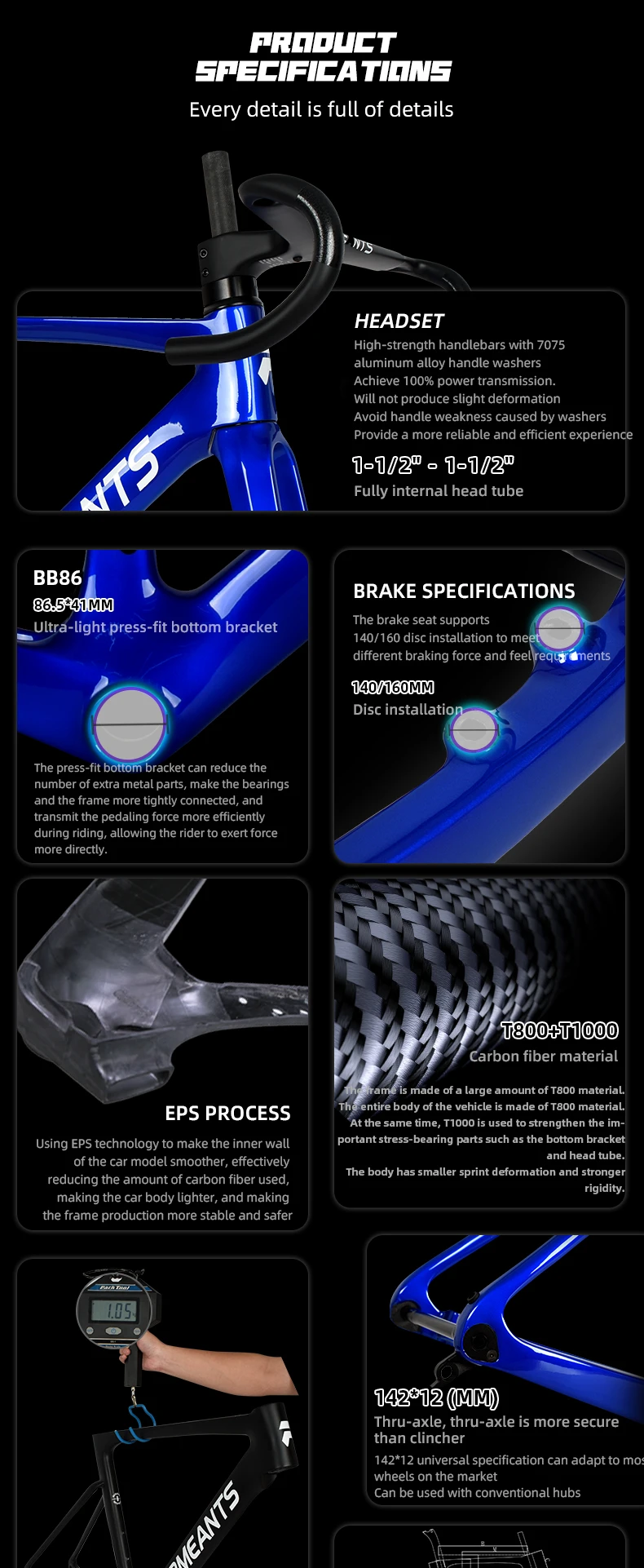 BB86 press-fit bottom bracket and EPS process details on SA-01 carbon frame.