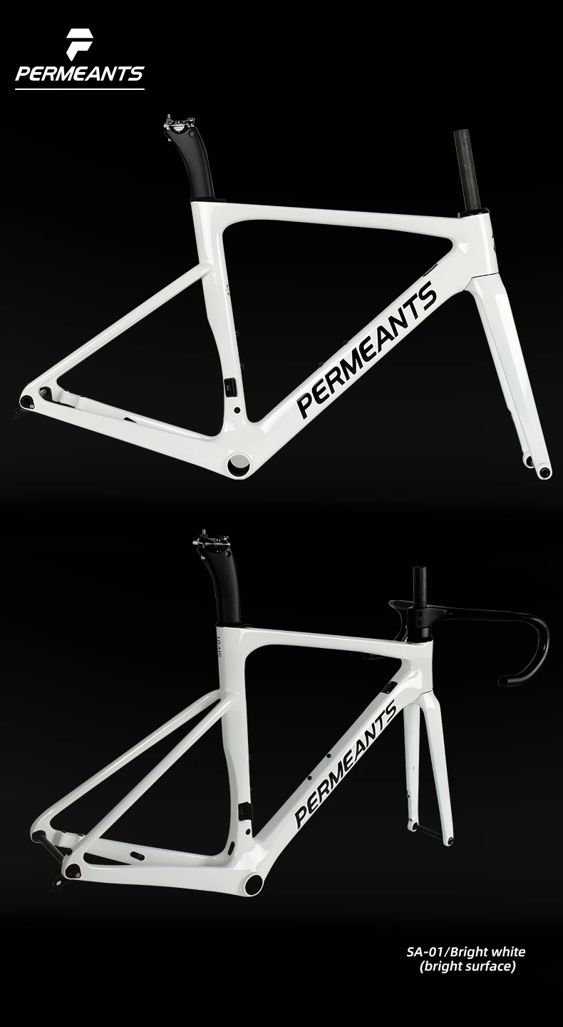 PERMEANTS SA-01 carbon road bike frame from two angles in a bright white glossy surface.