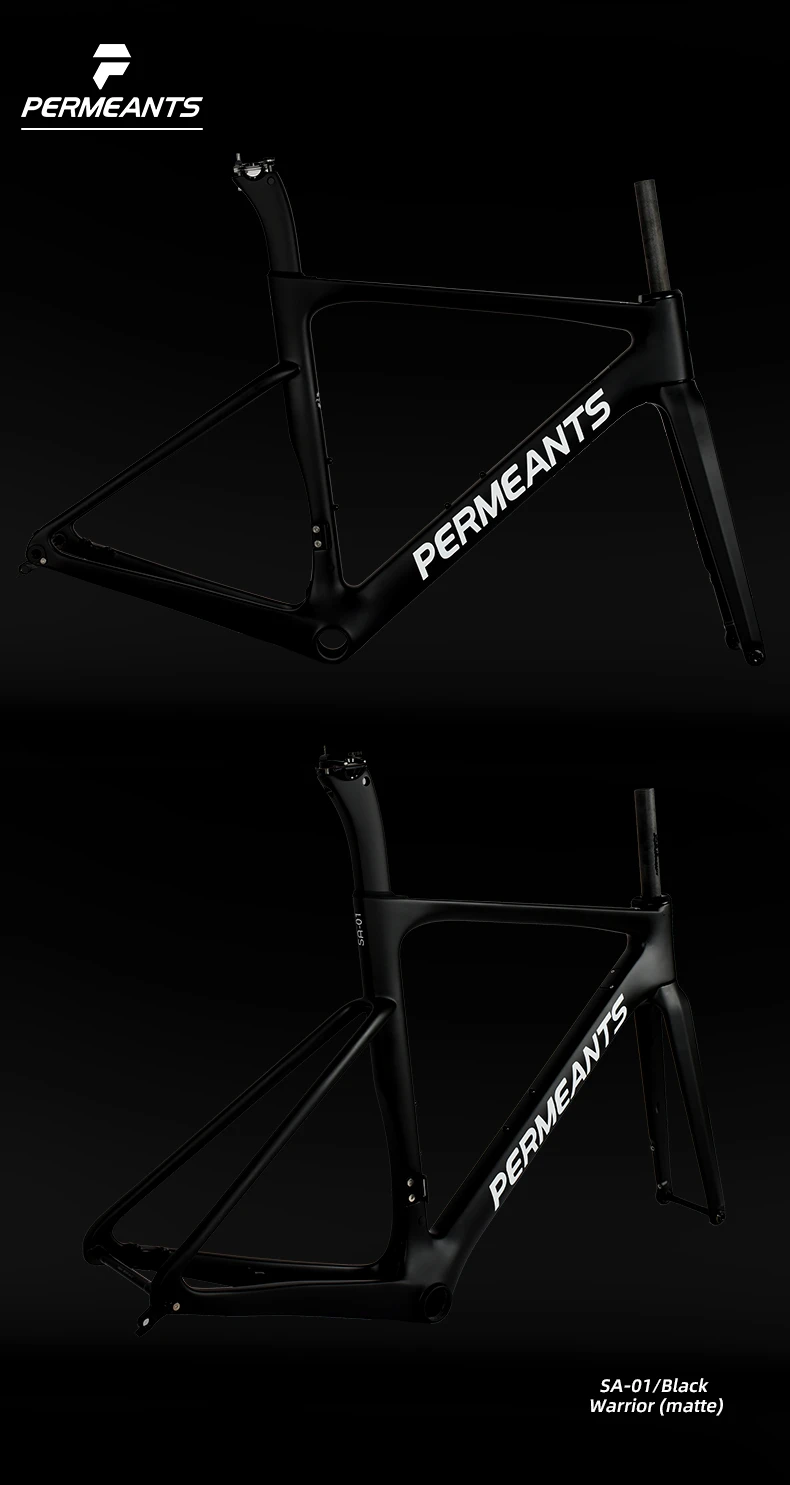 PERMEANTS SA-01 carbon road bike frame in stealth warrior matte black finish.