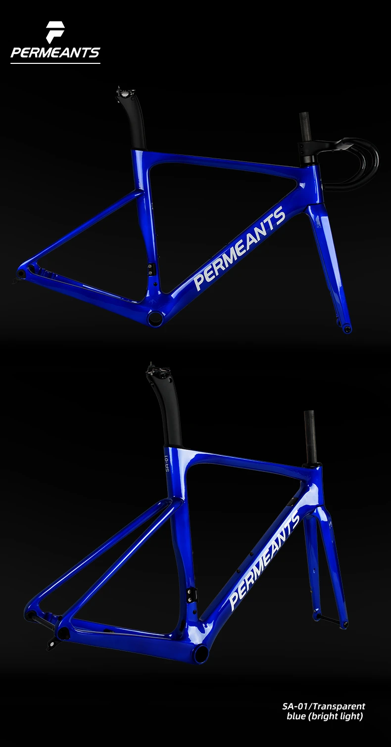 PERMEANTS SA-01 carbon road bike frame from two angles in a bright transparent blue finish.