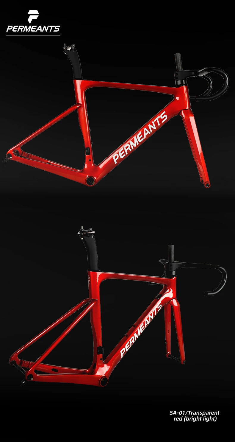 PERMEANTS SA-01 carbon road bike frame from two angles in a bright transparent red finish.