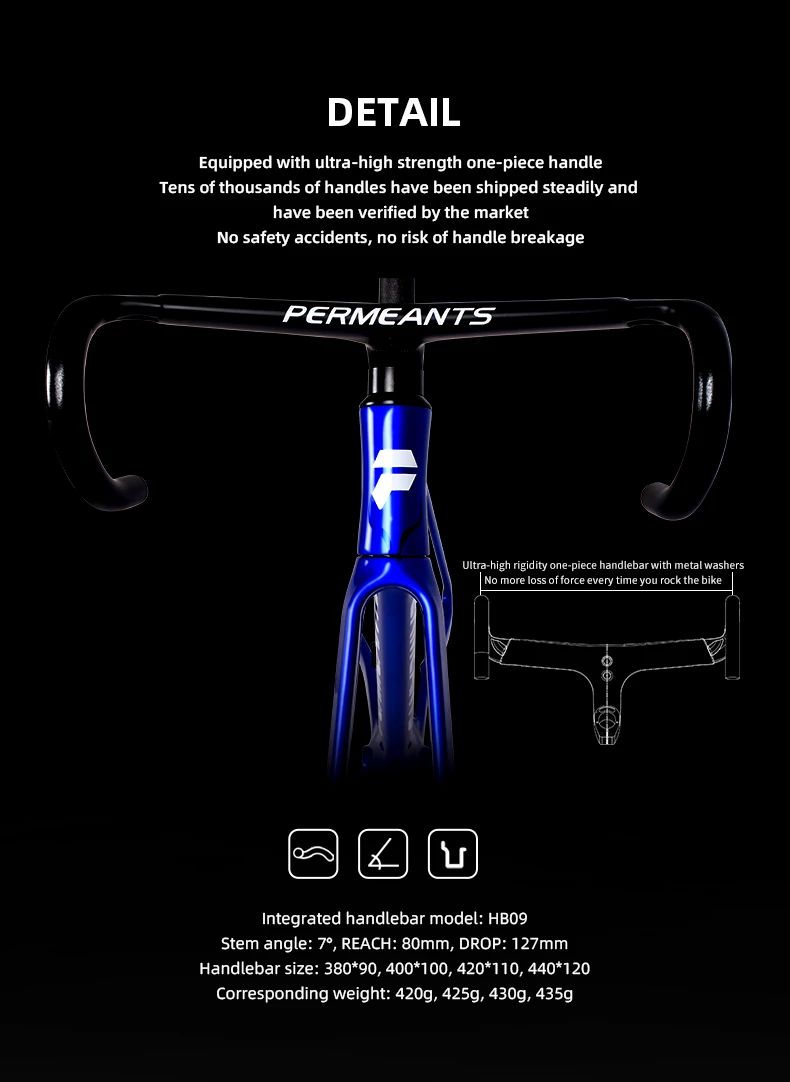 Ultra-high rigidity one-piece carbon integrated handlebar for SA-01 road frame.