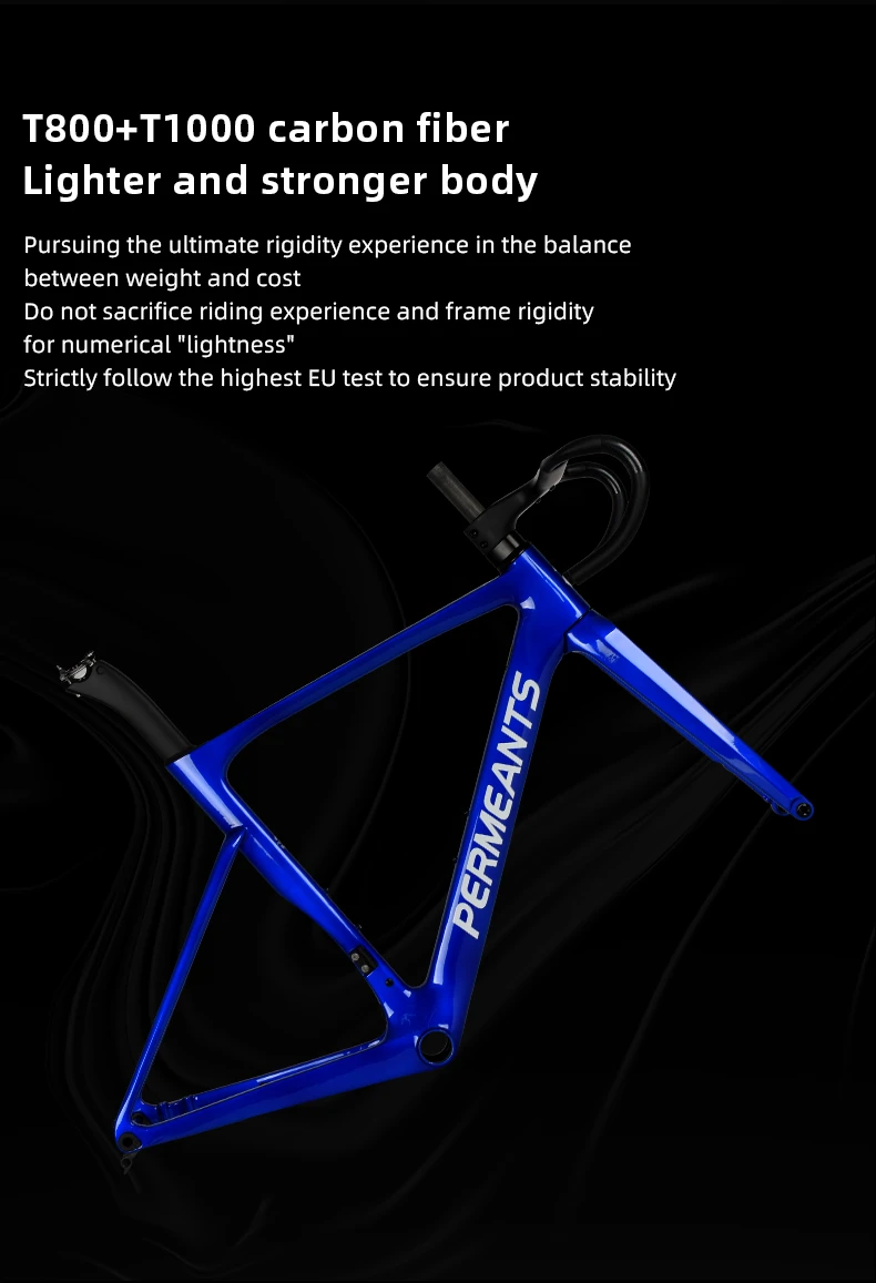 Angled view of the lightweight and strong PERMEANTS SA-01 blue carbon frame.