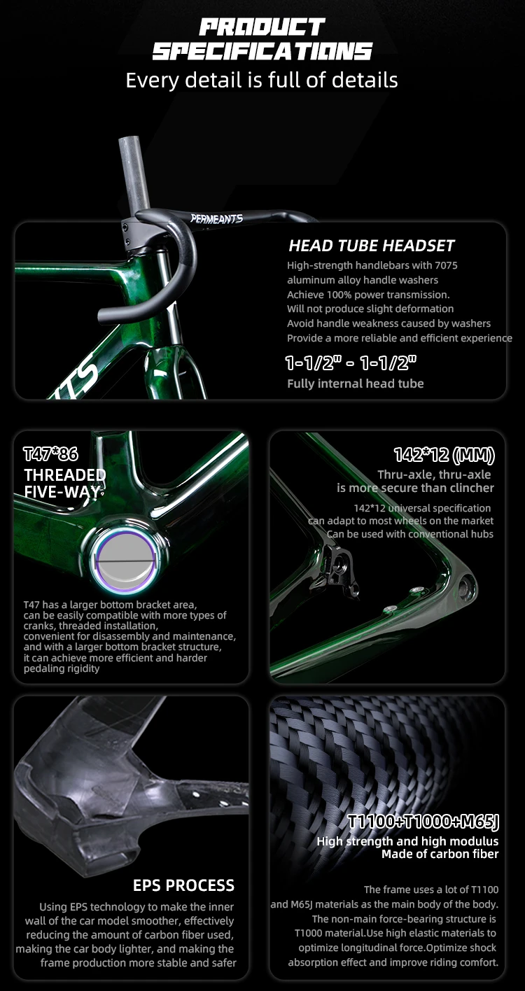 Detailed product specifications of Permeants ST-09 carbon frame including T47 threaded bottom bracket, 142x12mm thru-axle, EPS molding process, and internal cable routing headset.