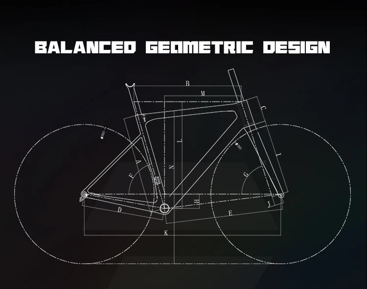 Engineering line drawing and balanced geometric design diagram of Permeants ST-09 carbon fiber road racing bike frame.