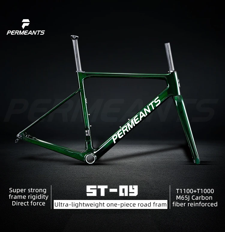 Permeants ST-09 ultra-lightweight one-piece carbon fiber road disc bicycle frame in crystal transparent green, made with T1100 and T1000 carbon fiber reinforced materials.
