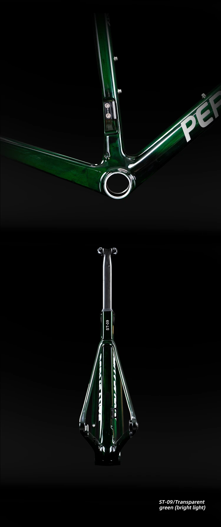 Close-up of Permeants ST-09 transparent green frame showing the bottom bracket area and rear triangle tire clearance alignment under bright light.