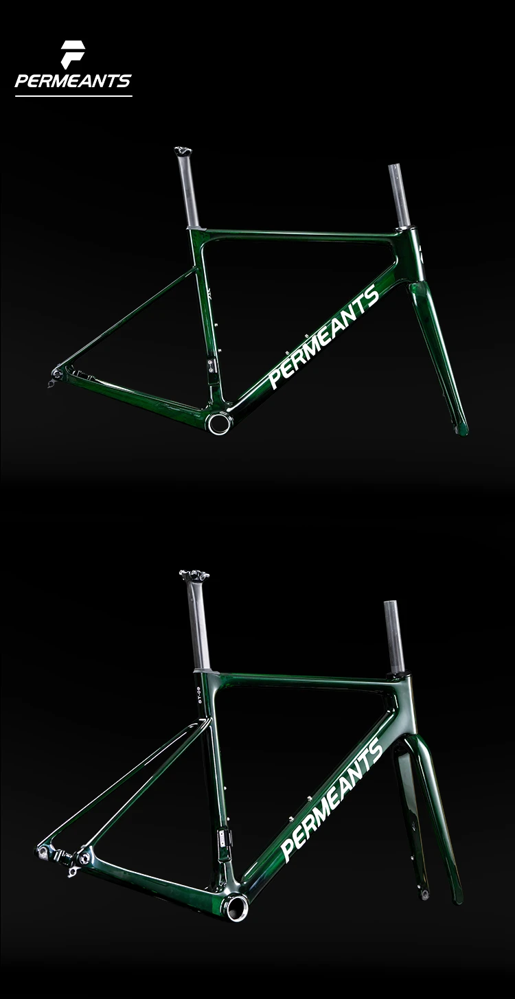 Side profile and 45-degree angle view of Permeants ST-09 carbon road disc frame in glossy transparent crystal green paint finish.