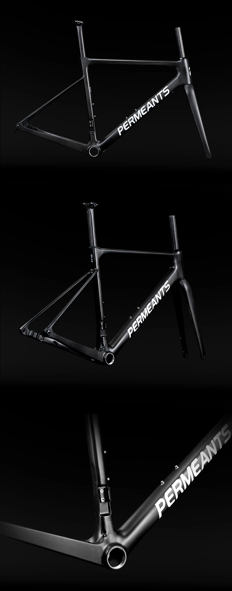 Multi-angle product shots of Permeants ST-09 UD Black Warrior matte carbon fiber road frame, showcasing raw carbon weave and clean tube profiles.