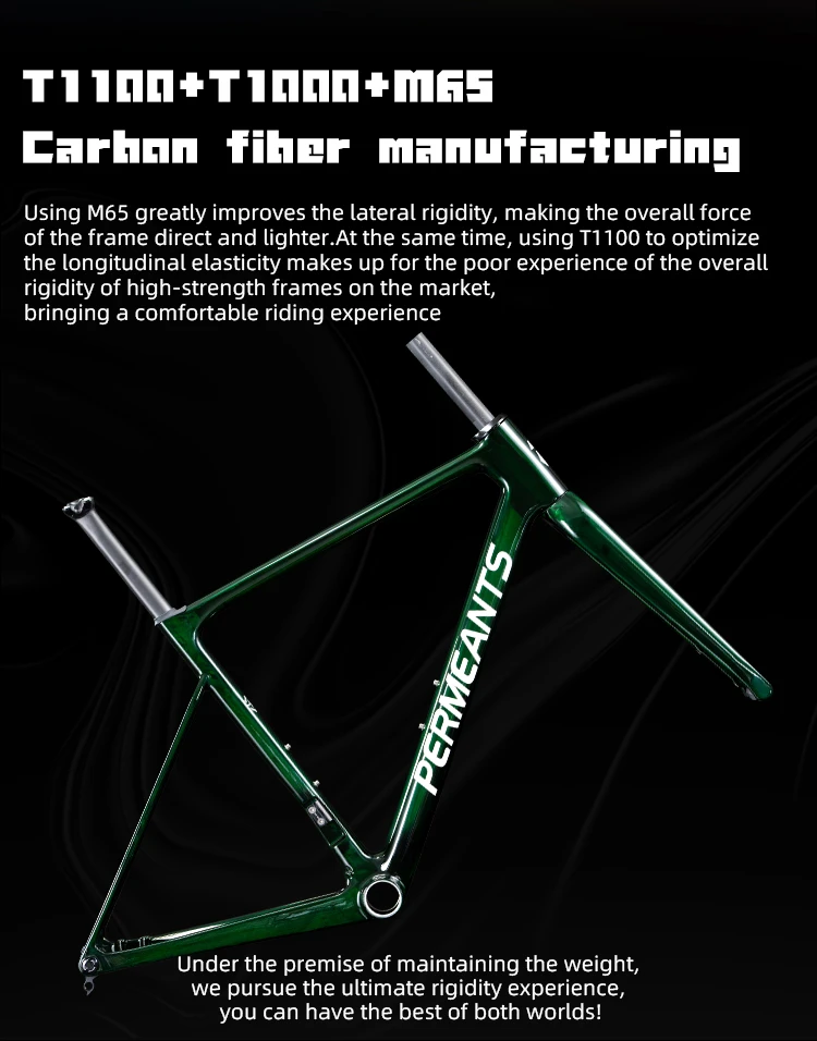 Technical explanation of Permeants bike frame manufacturing using Toray T1100, T1000, and M65J high modulus carbon fiber for ultimate stiffness and longitudinal elasticity.