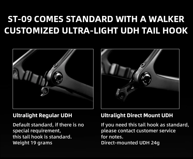 Comparison of Walker customized ultra-light UDH universal derailleur hanger options for Permeants ST-09: 19g regular UDH and 24g direct mount UDH.